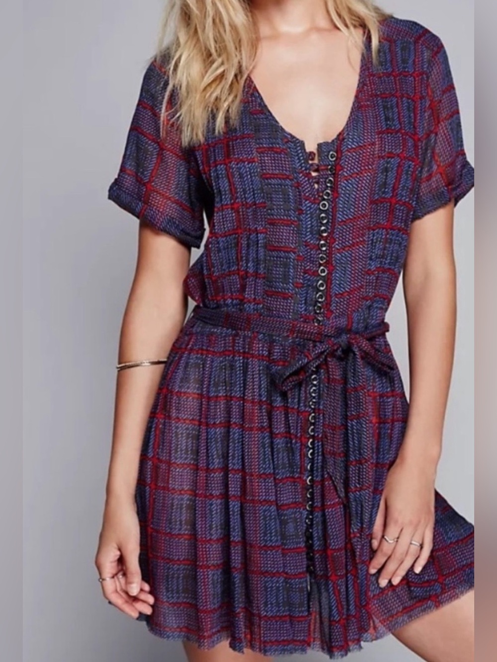Free People One Sadie Semi Sheer Plaid Dress Size XS Tie Waist Button Down